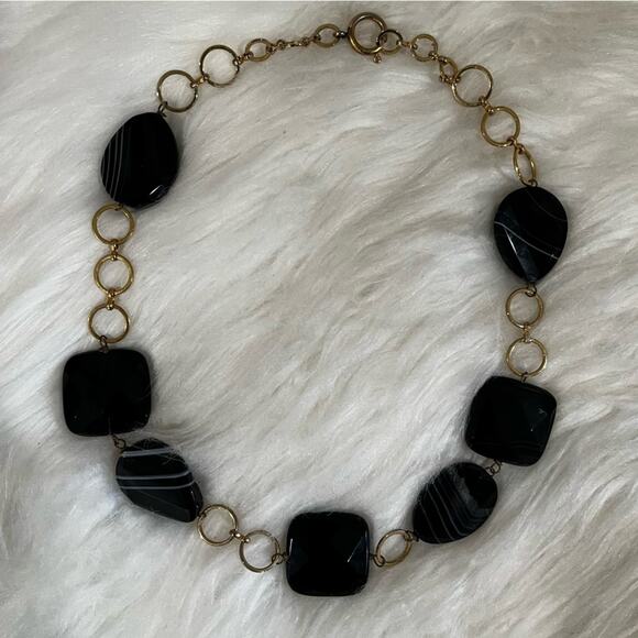 NEW Technibond Onyx Stone Varigated Bead Gold Circular Clasp Statement Necklace - Picture 4 of 15